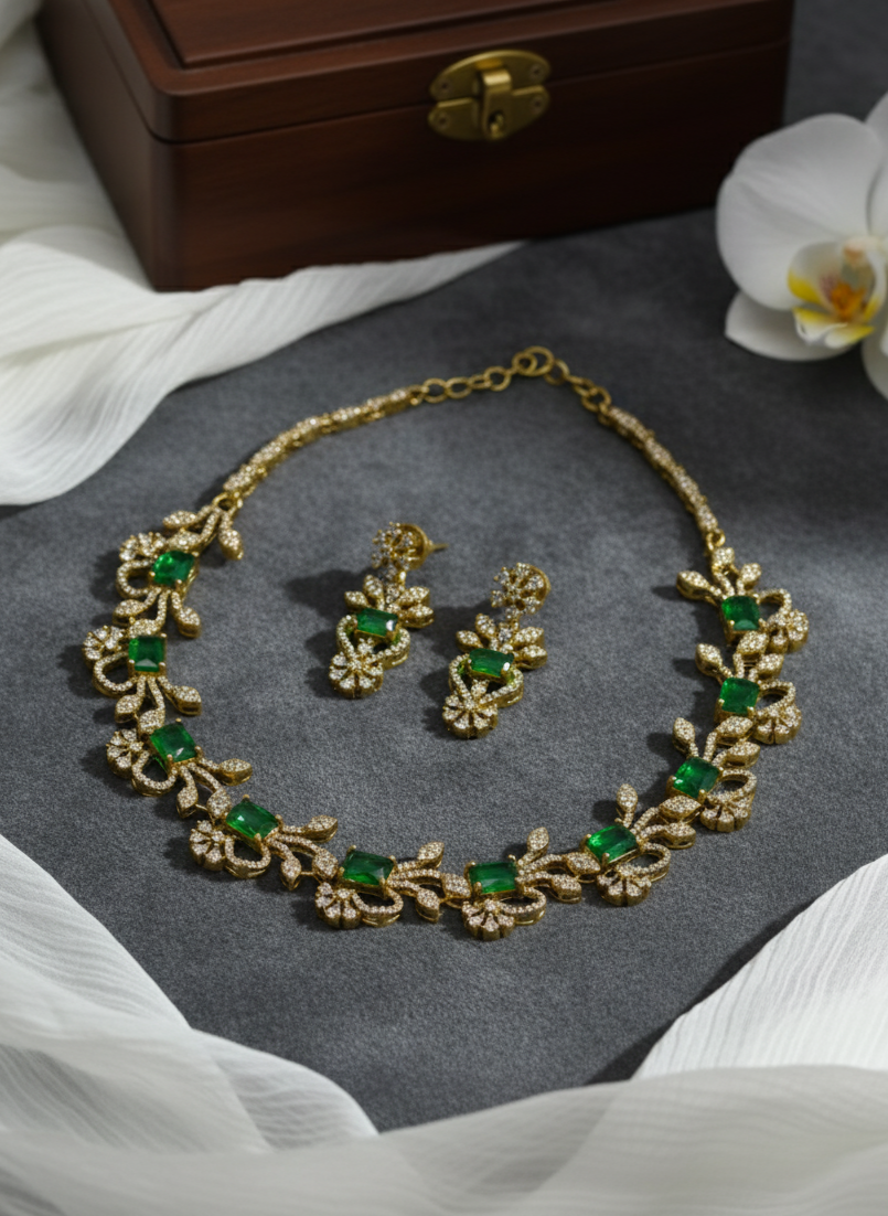 Green Stone Gold Plated American Diamond Necklace