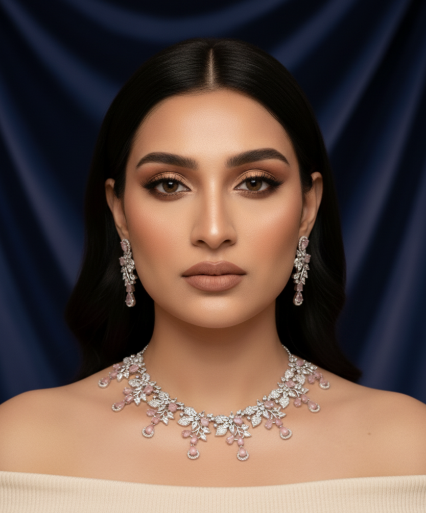 Pink Stone American Diamond Necklace