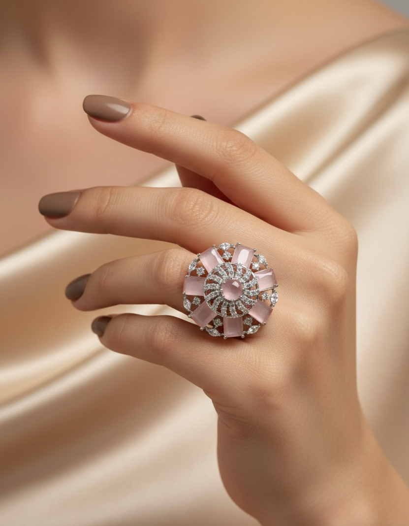 Pink & White Stone American Diamond Finger Ring