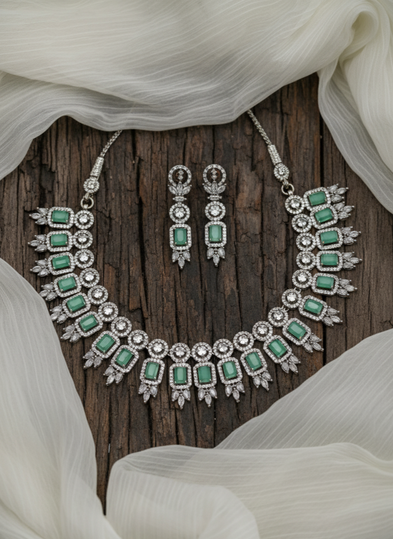Pastel Green And White Stone American Diamond Necklace Set