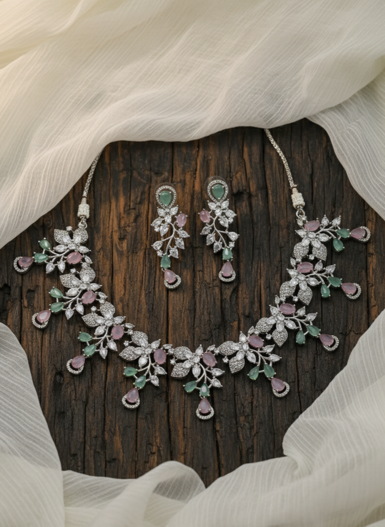 Pastel Green And Pink American Diamond Necklace