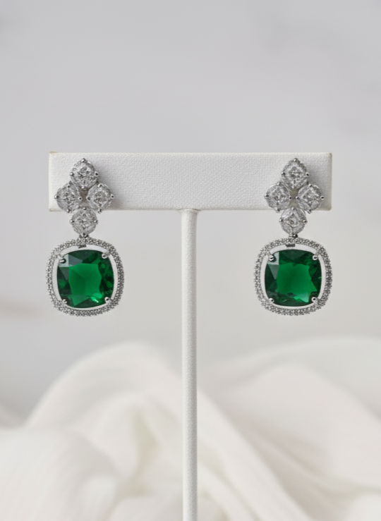 Green and White Stone American Diamond Earrings