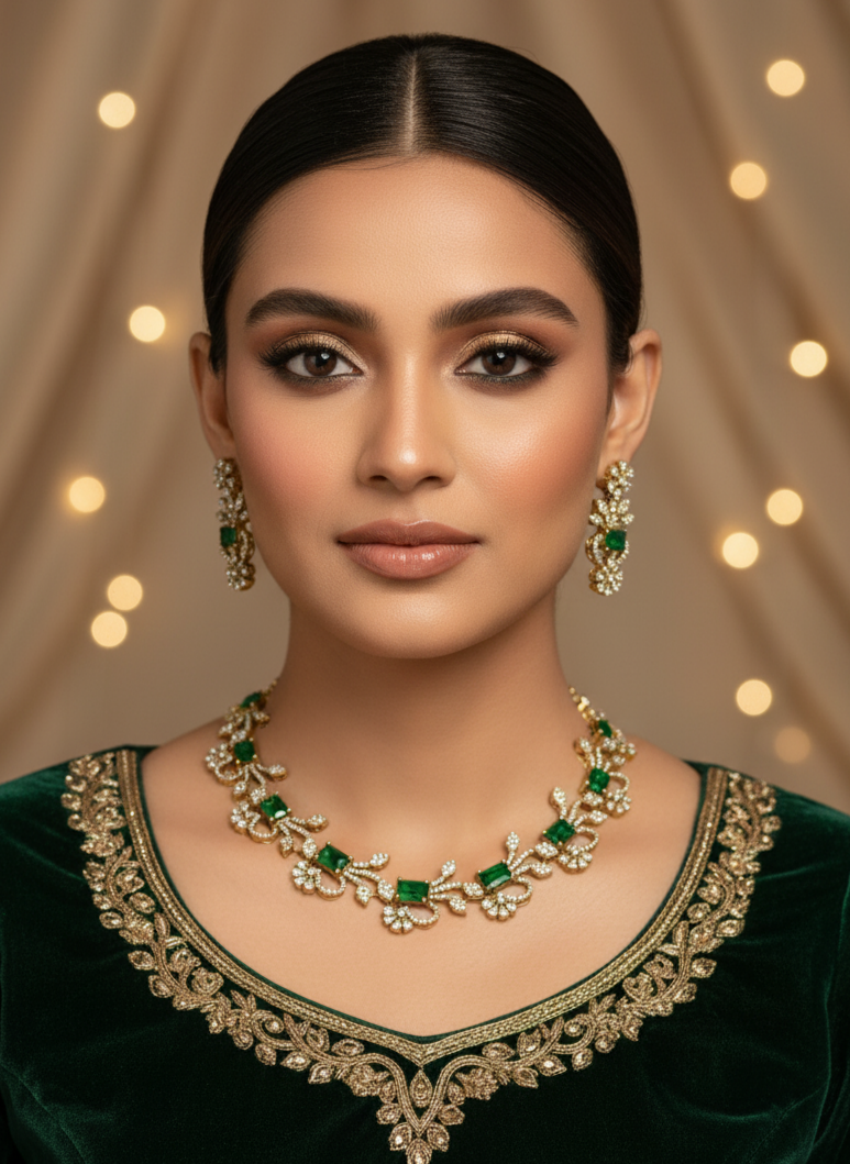 Green Stone Gold Plated American Diamond Necklace