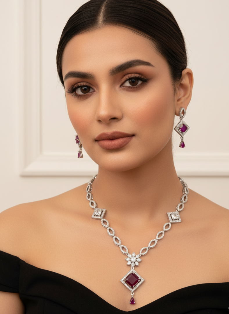 Rani Pink Stone American Diamond Necklace Set