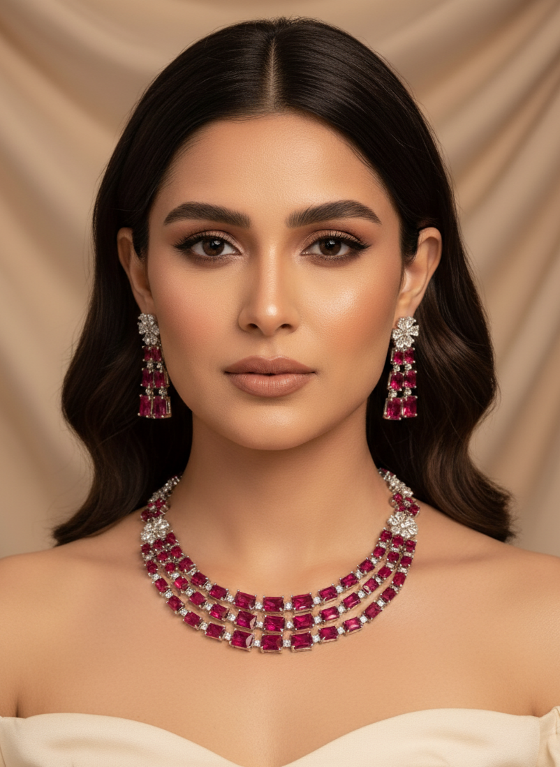 Rani Pink Stone American Diamond Necklace