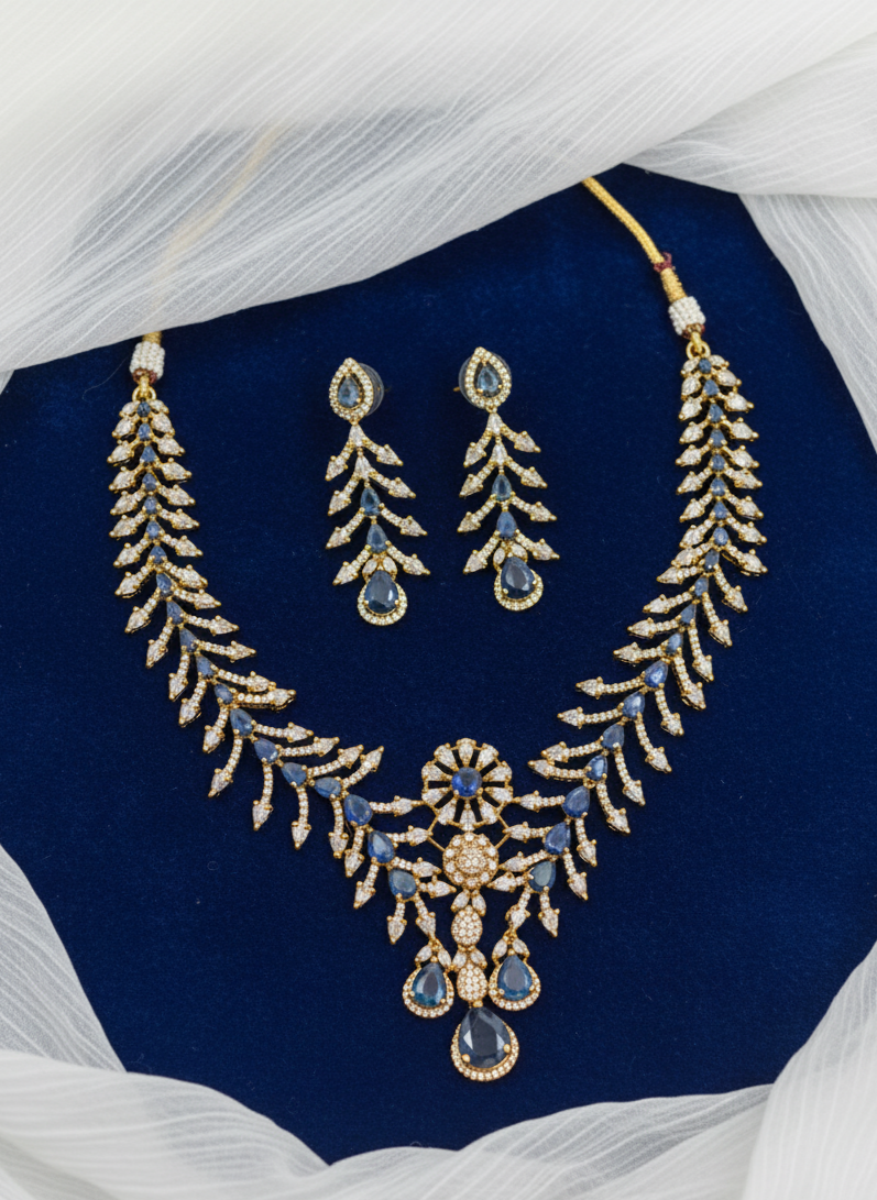 Blue Stone Gold Plated American Diamond Necklace