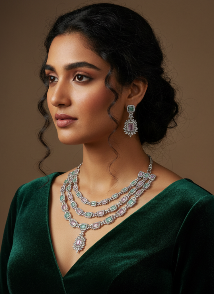 Pastel Green and Pink Stone American Diamond Necklace