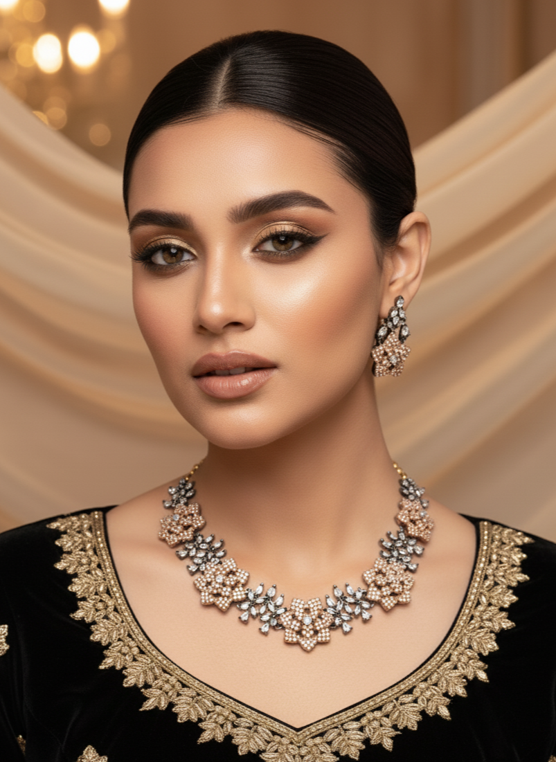 Black & Rose Gold Metal American Diamond Necklace