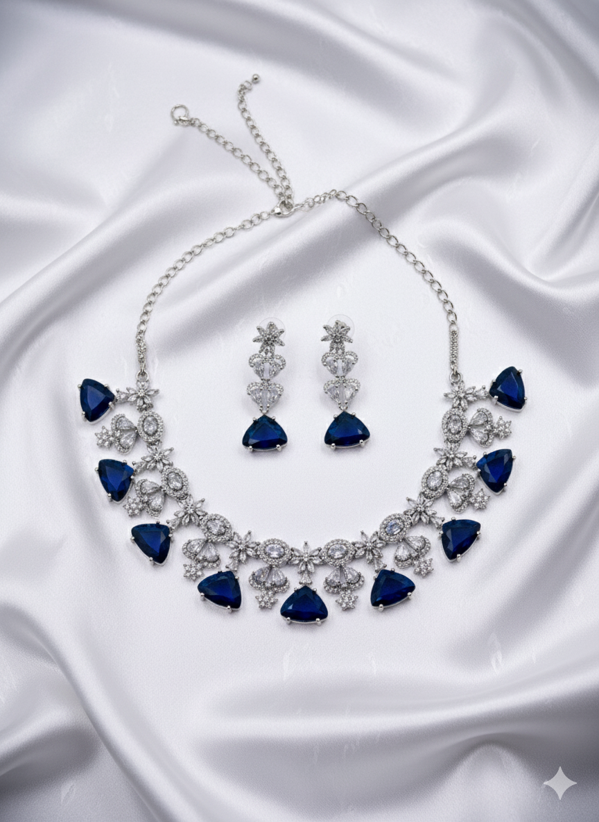 Blue and White Stone American Diamond Necklace