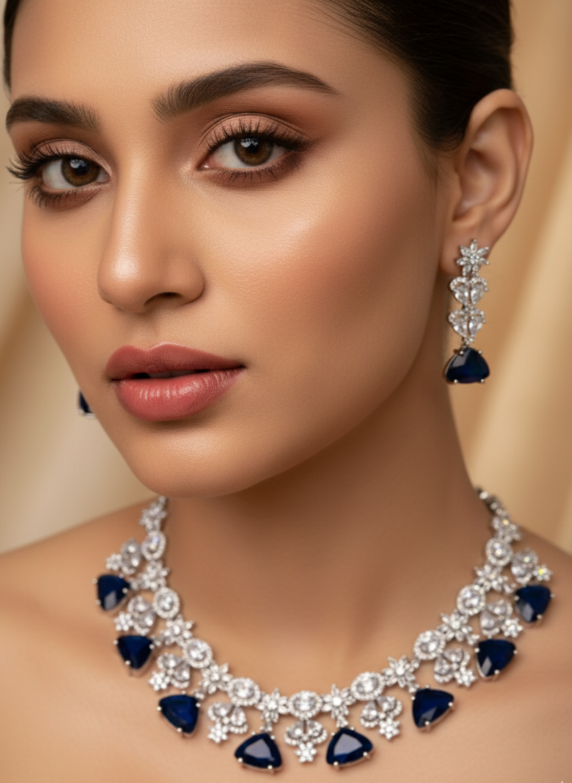 Blue and White Stone American Diamond Necklace