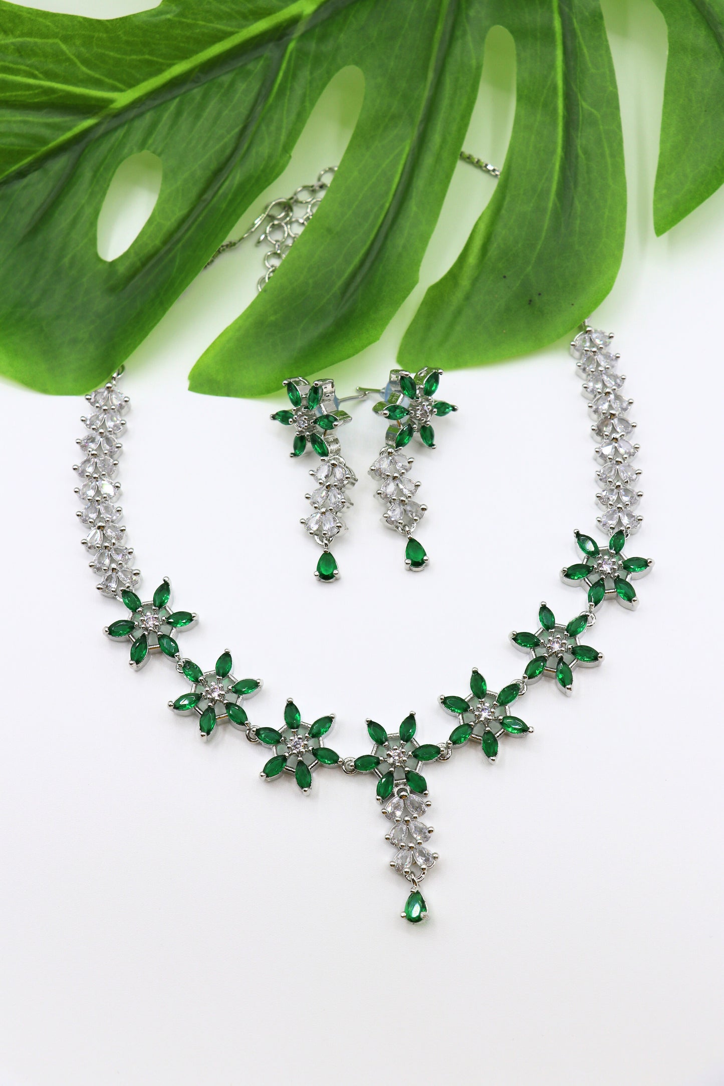 Green Stone American Diamond Necklace