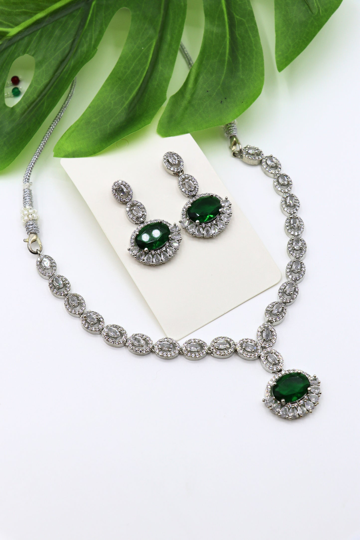 Green Stone American Diamond Necklace