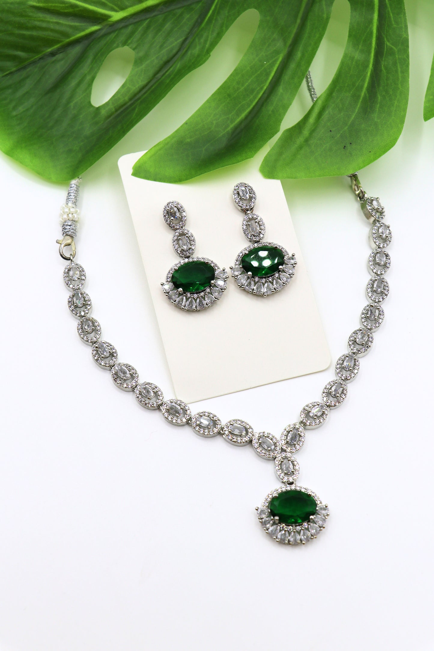 Green Stone American Diamond Necklace
