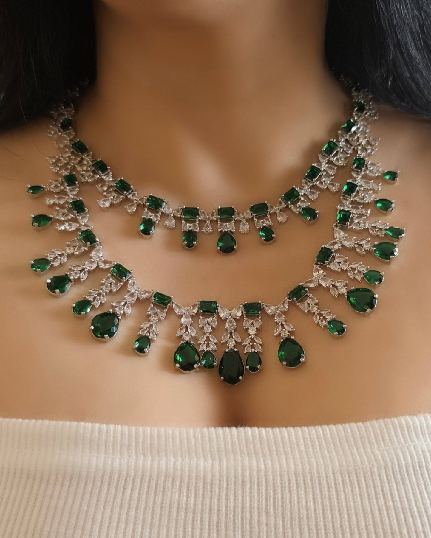 Green & White Stone American Diamond Necklace