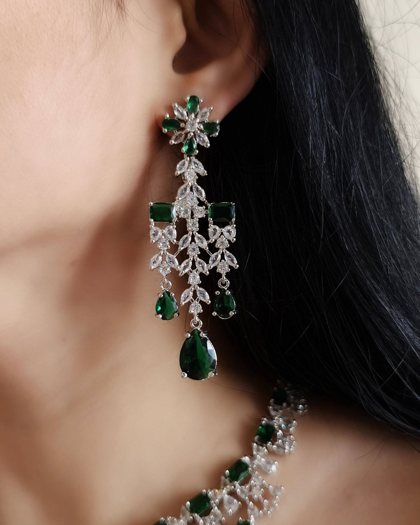 Green & White Stone American Diamond Necklace