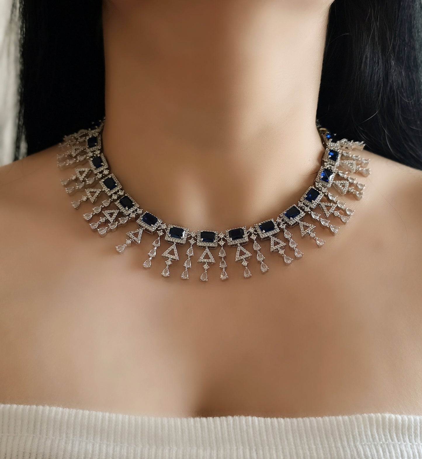 Blue and White Stone American Diamond Necklace