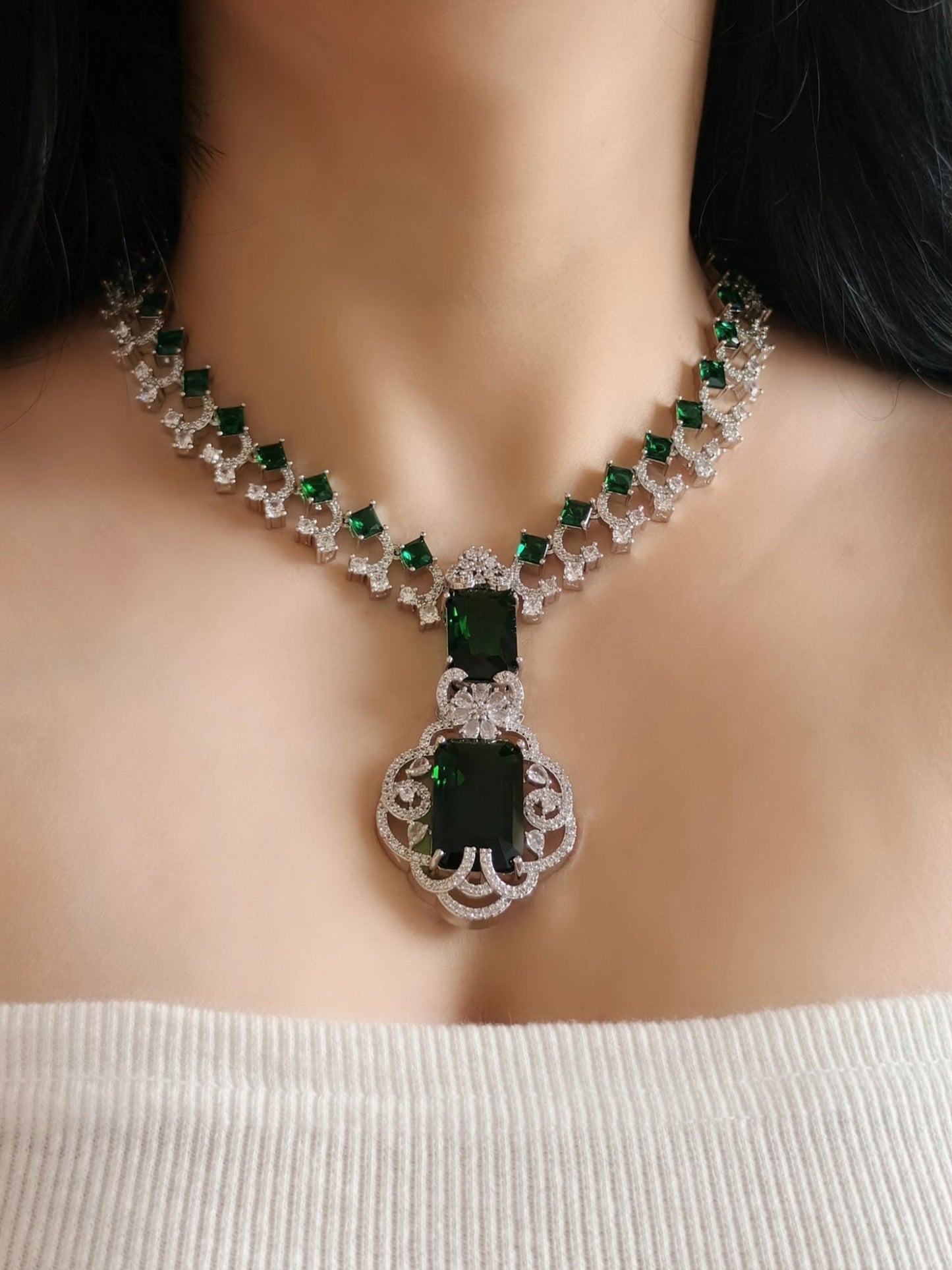 Green & White Stone American Diamond Necklace
