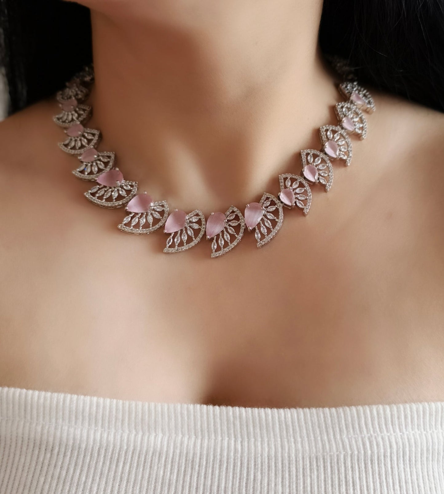 Pastel Pink and White Stone American Diamond Necklace