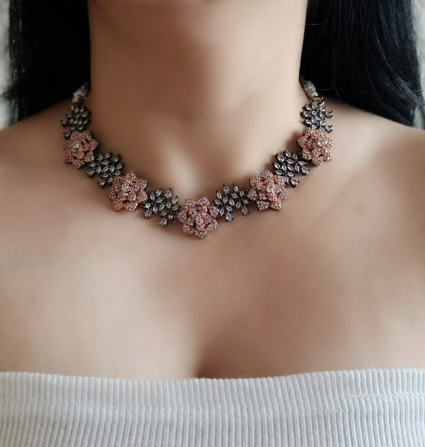 Black & Rose Gold Metal American Diamond Necklace