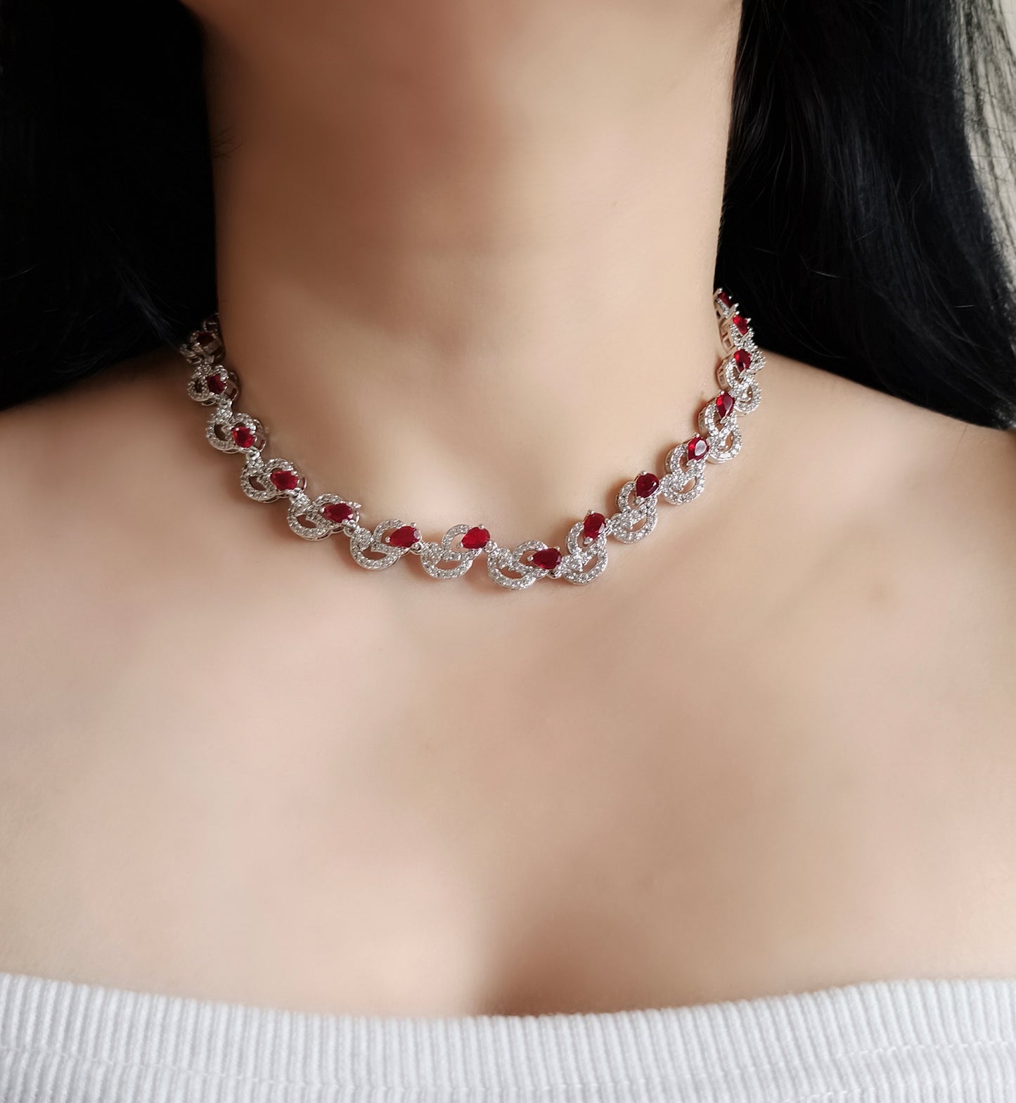 Red Stone American Diamond Necklace