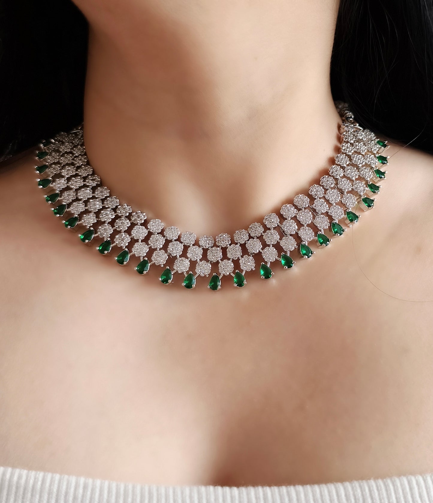 Green & White Stone American Diamond Necklace