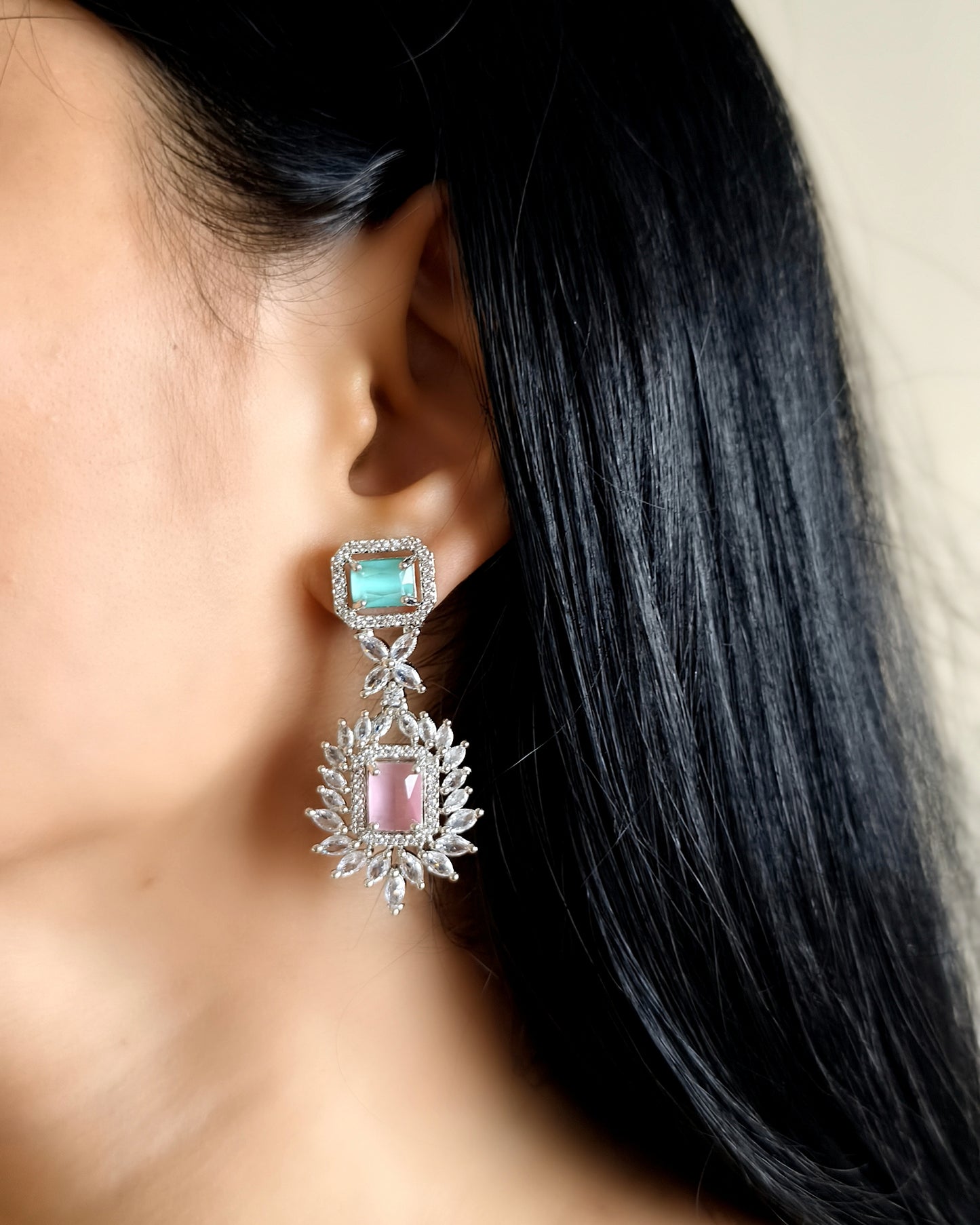 Pastel Green and Pink Stone American Diamond Necklace