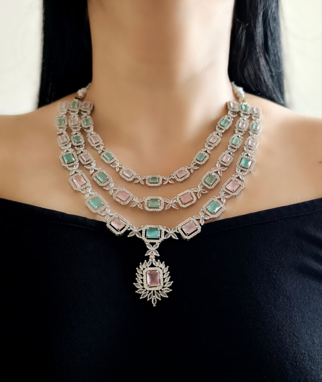 Pastel Green and Pink Stone American Diamond Necklace
