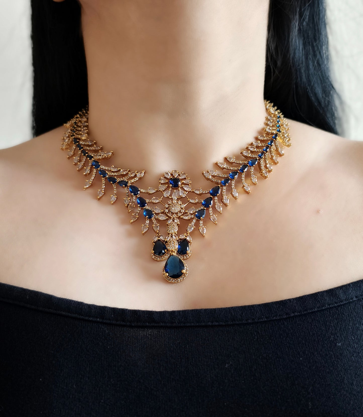 Blue Stone Gold Plated American Diamond Necklace
