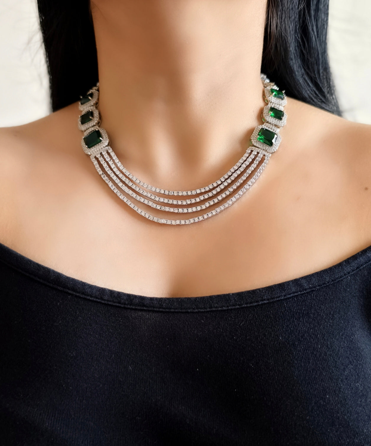 Victorian Style Green Stone American Diamond Necklace