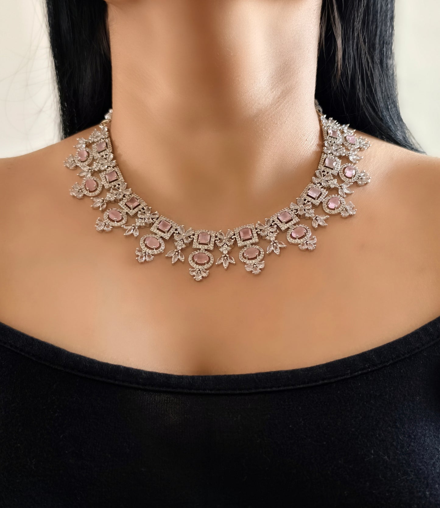 Pink Stone American Diamond Necklace Set
