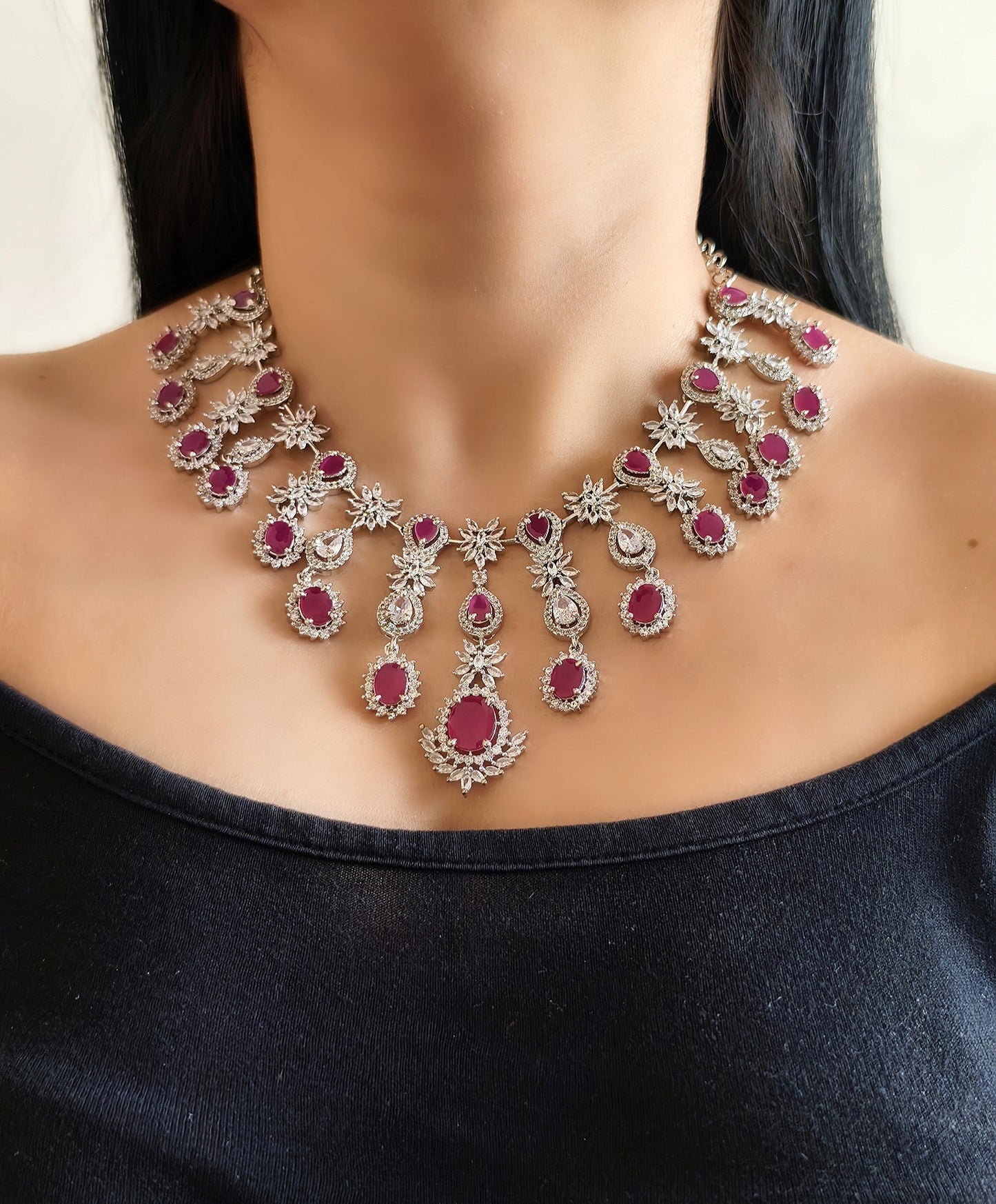 Rani Pink Stone American Diamond Necklace
