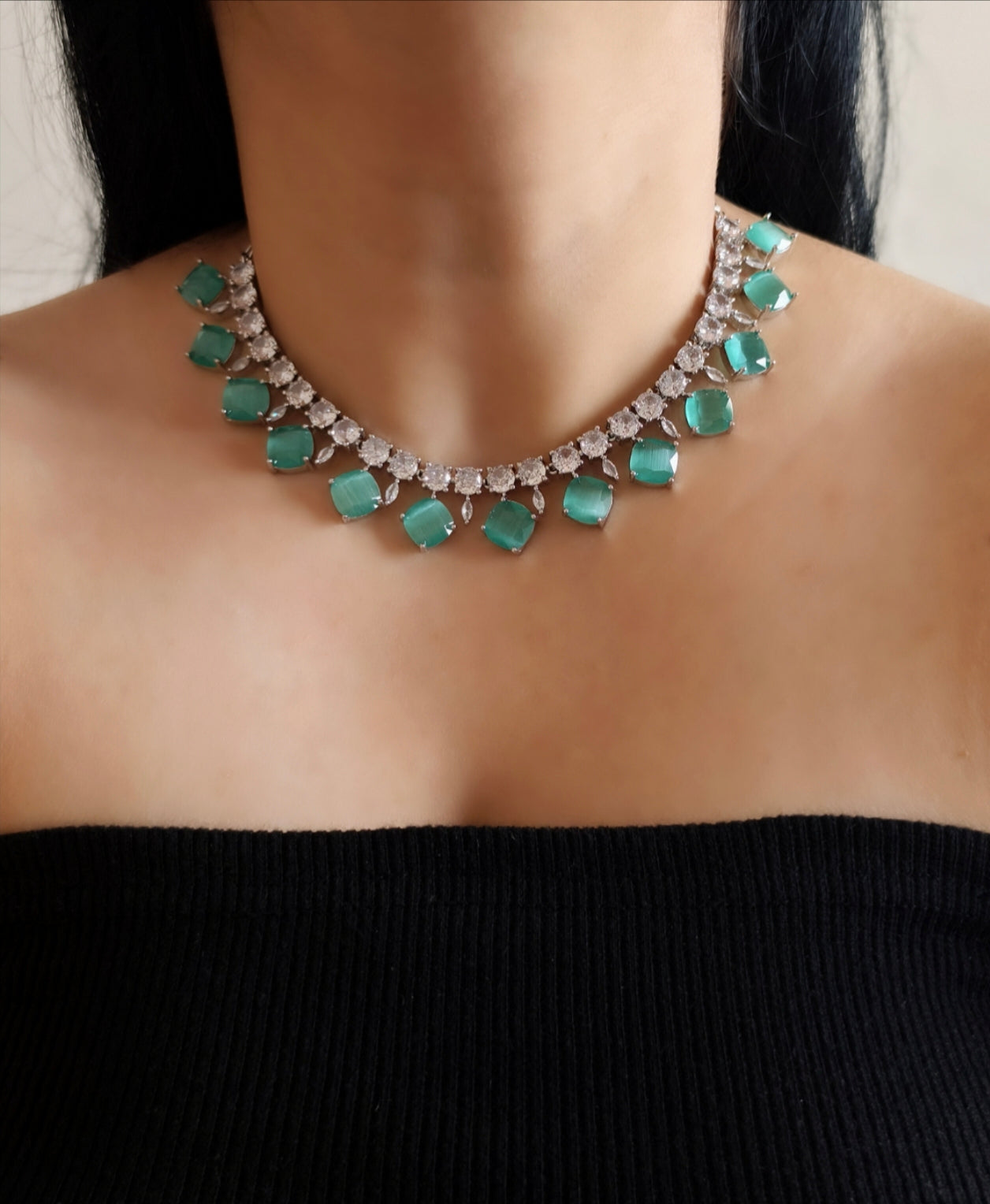 Pastel Green Stone American Diamond Necklace