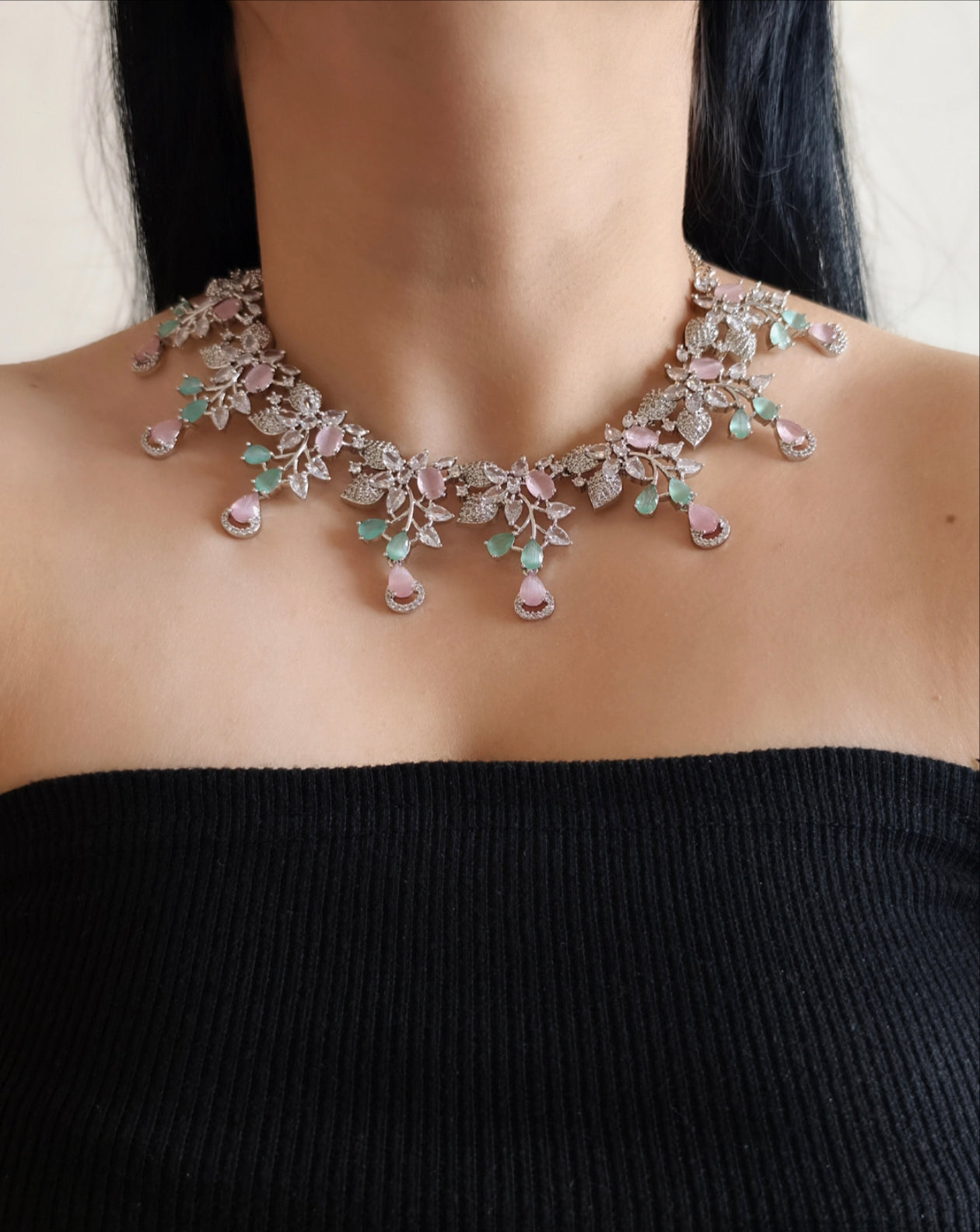 Pastel Green And Pink American Diamond Necklace