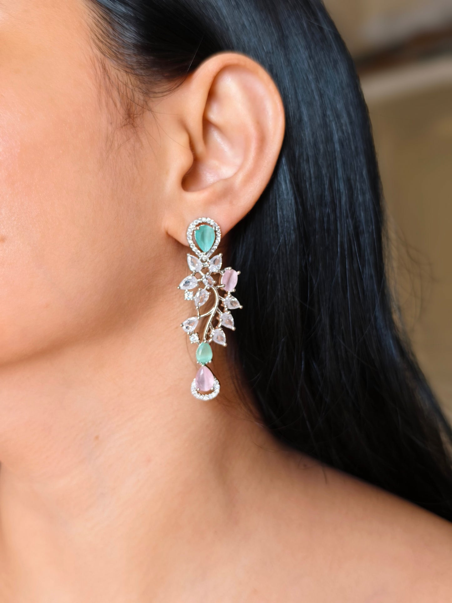 Pastel Green And Pink American Diamond Necklace