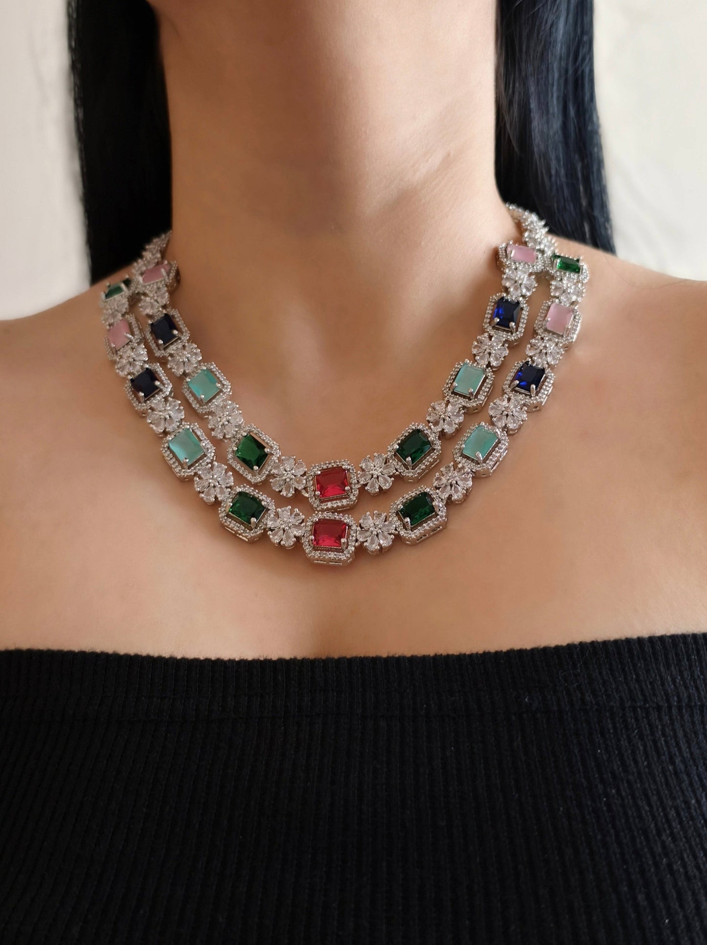 Multicolour Stone American Diamond Necklace