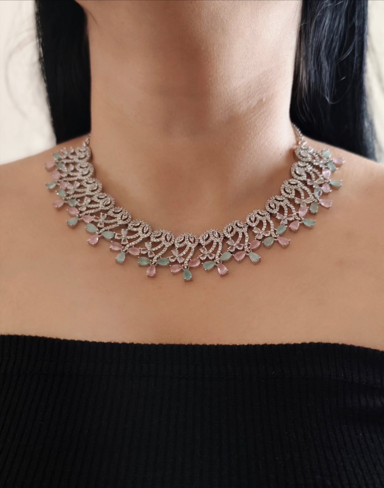 Pastel Green and Pink Stone American Diamond Necklace