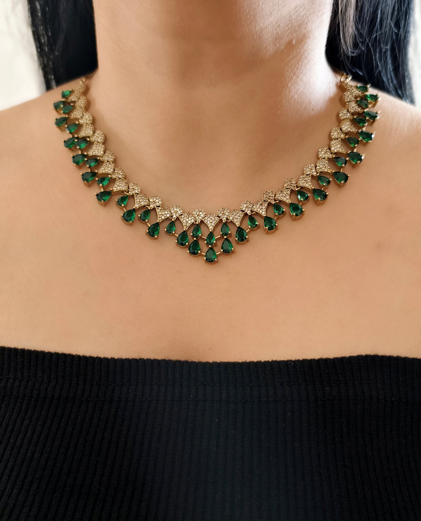 Green Stone Gold Plated American Diamond Necklace
