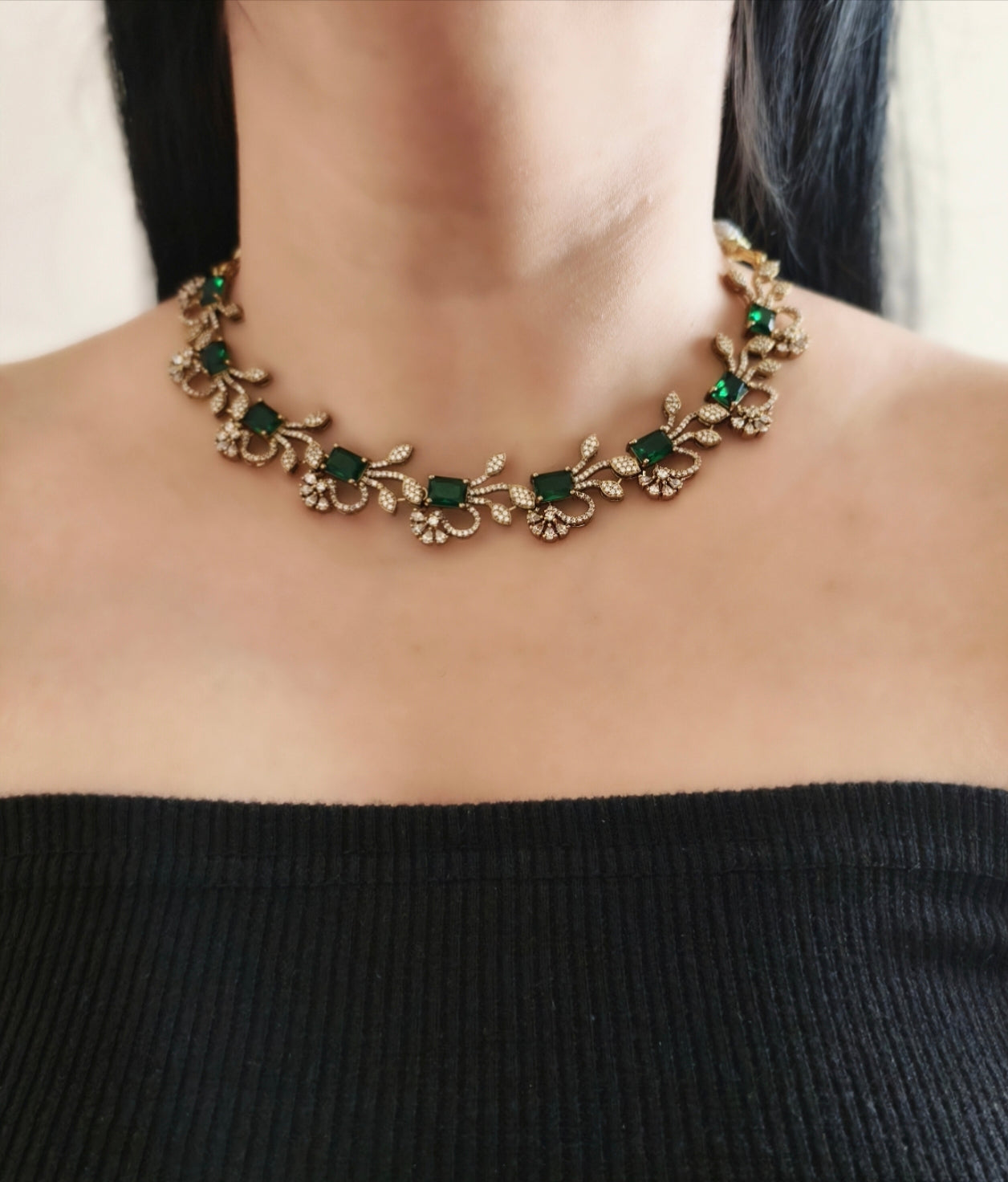 Green Stone Gold Plated American Diamond Necklace