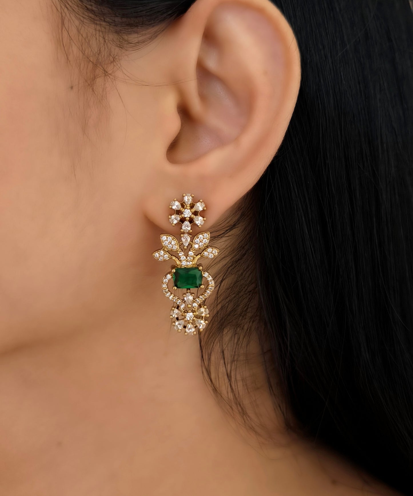 Green Stone Gold Plated American Diamond Necklace