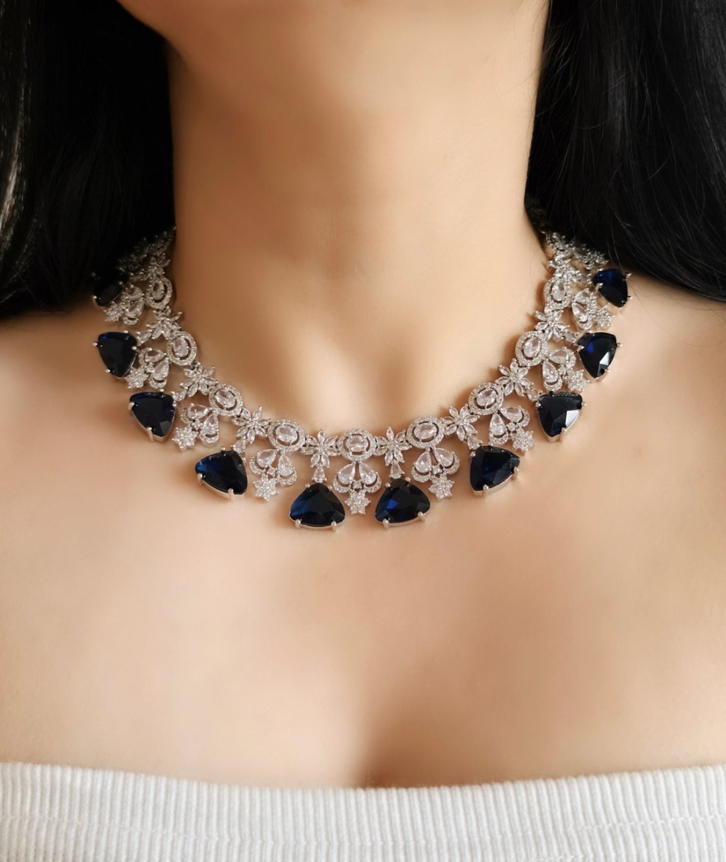 Blue and White Stone American Diamond Necklace