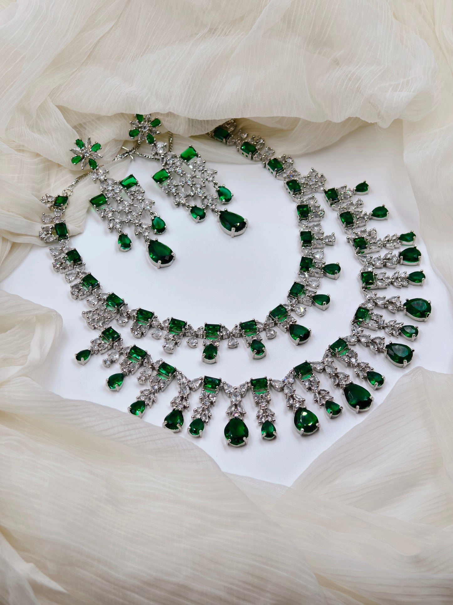 Green & White Stone American Diamond Necklace