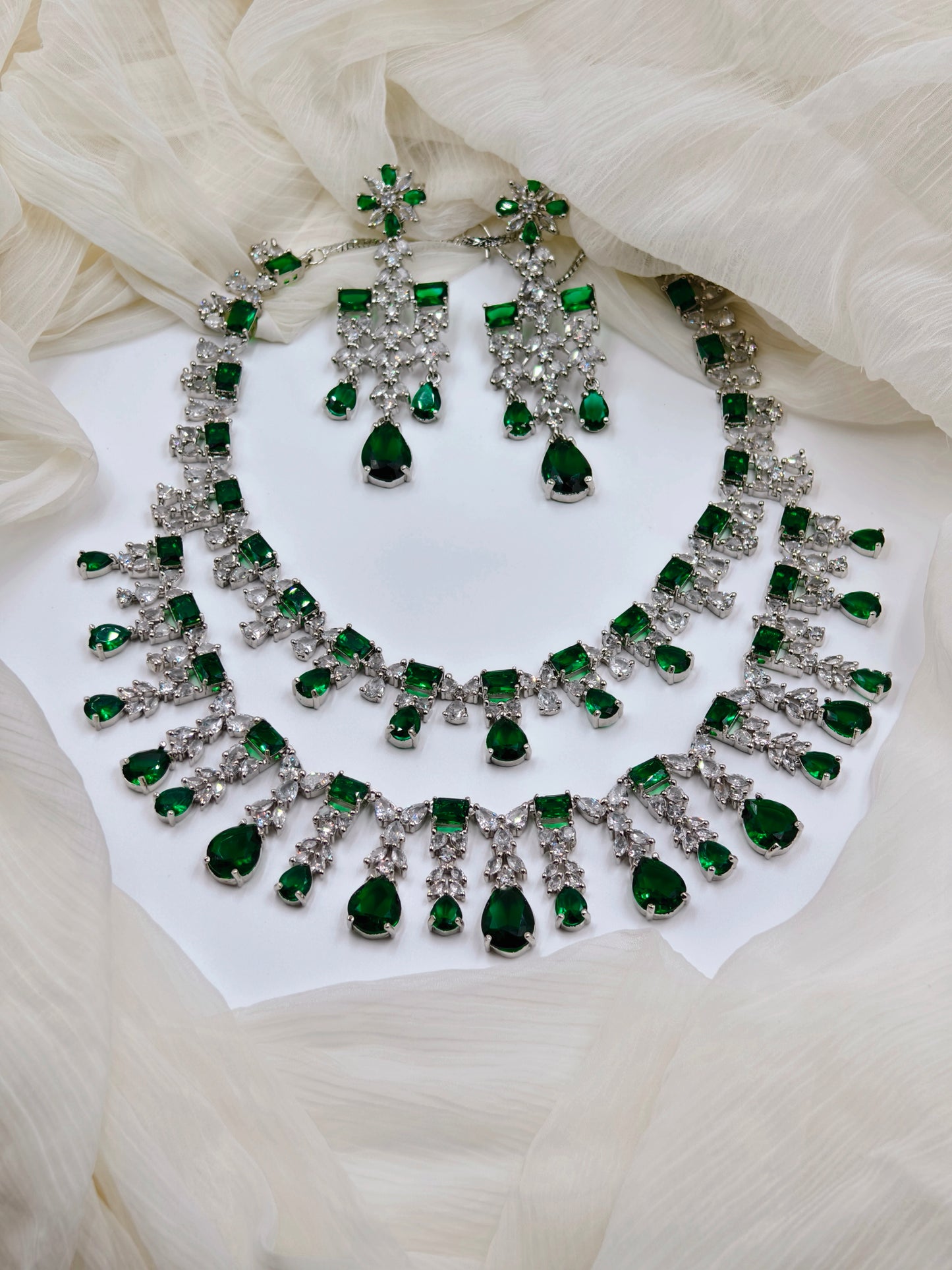 Green & White Stone American Diamond Necklace