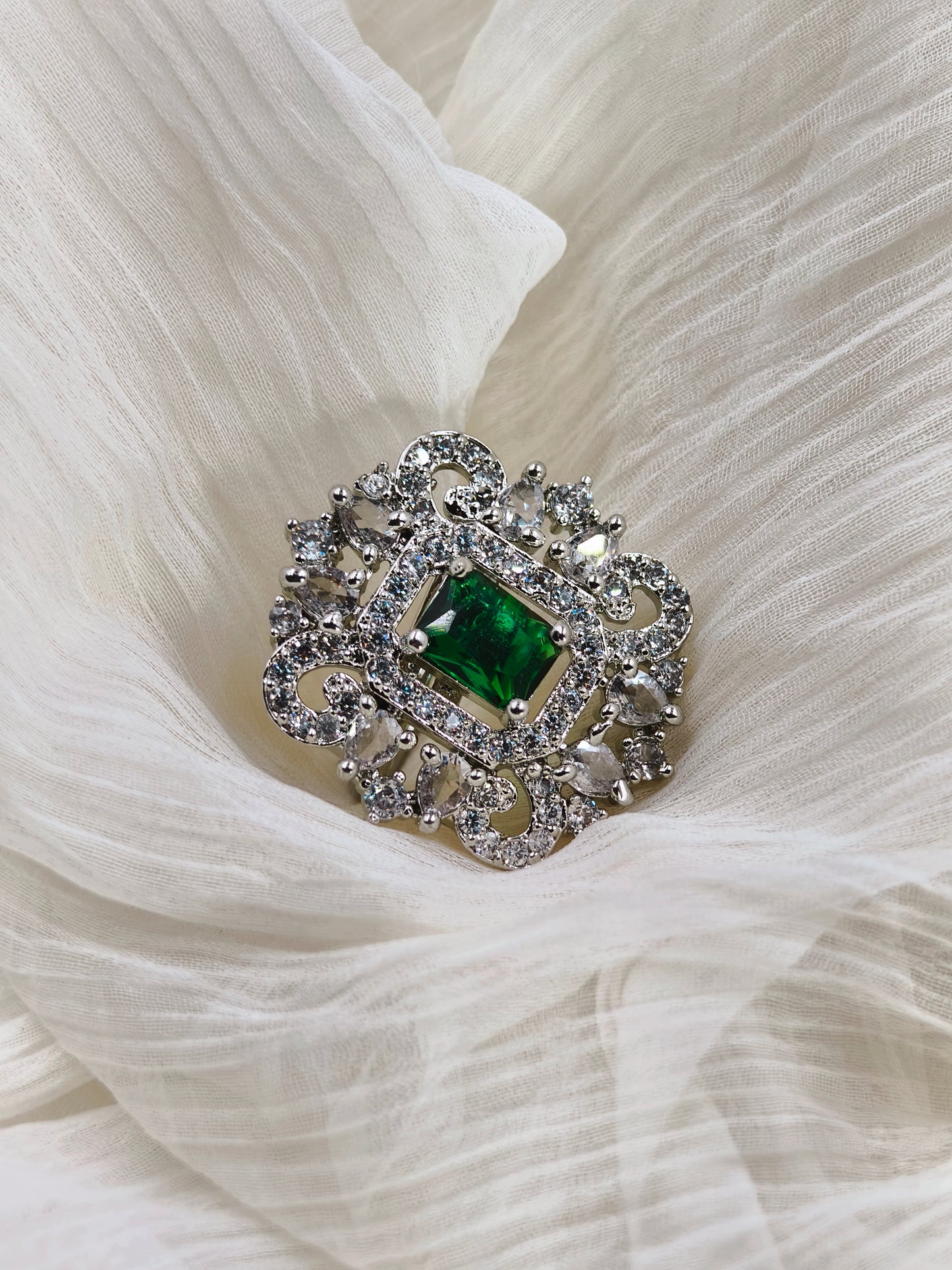 Green & White Stone American Diamond Finger Ring