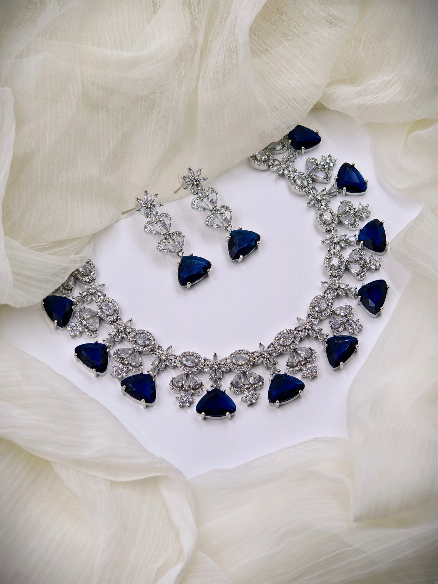 Blue and White Stone American Diamond Necklace