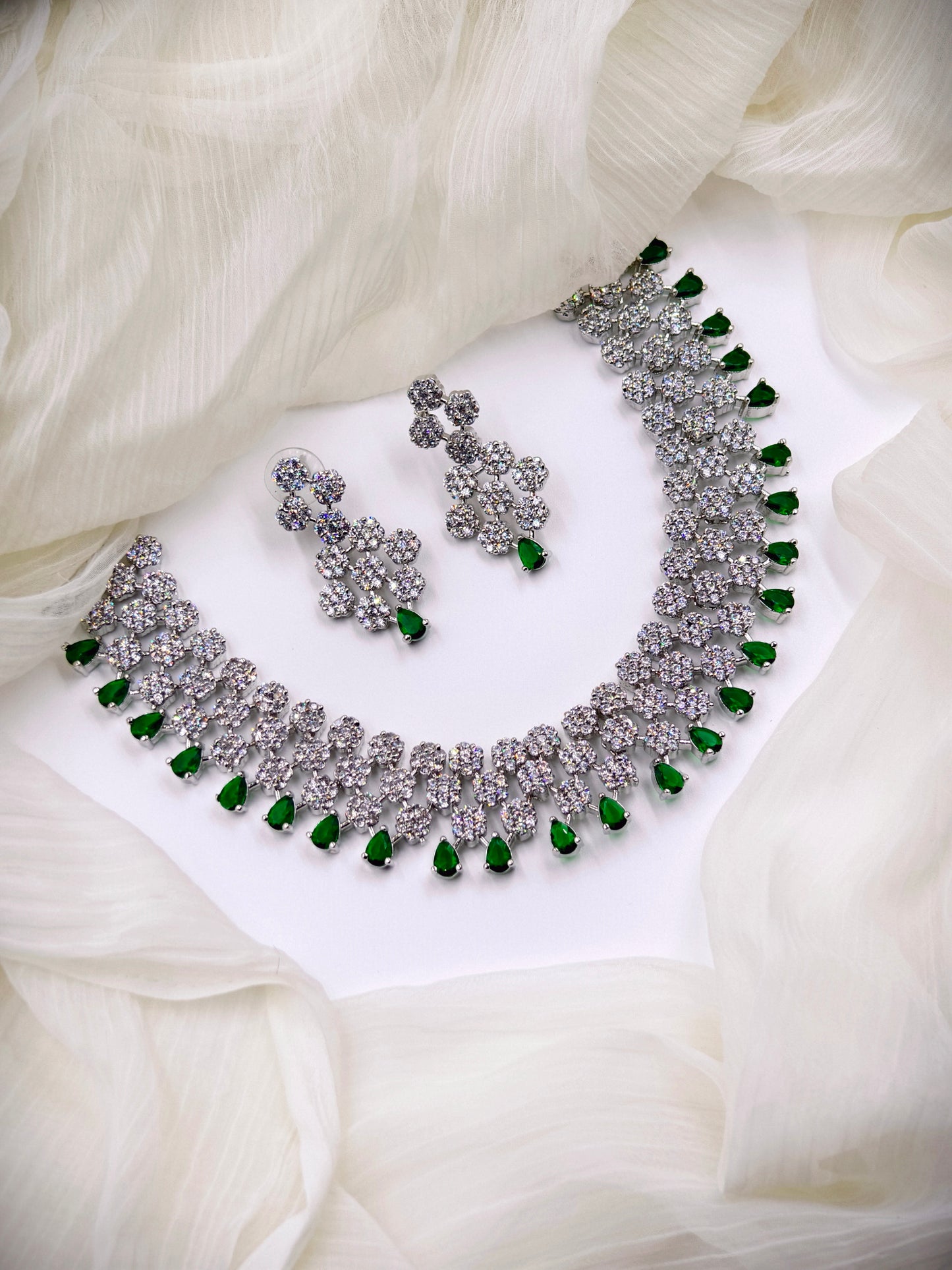 Green & White Stone American Diamond Necklace