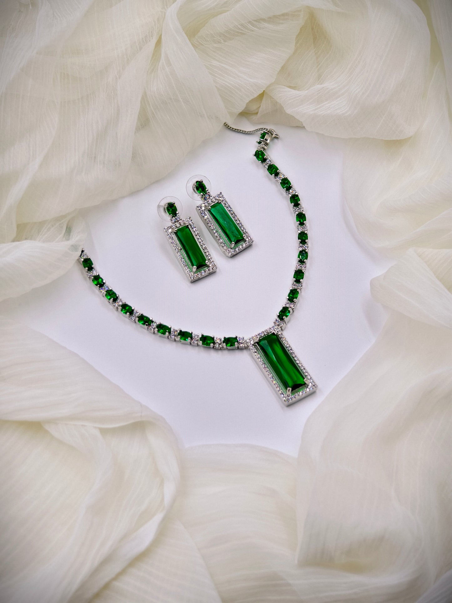 Green & White Stone American Diamond Necklace