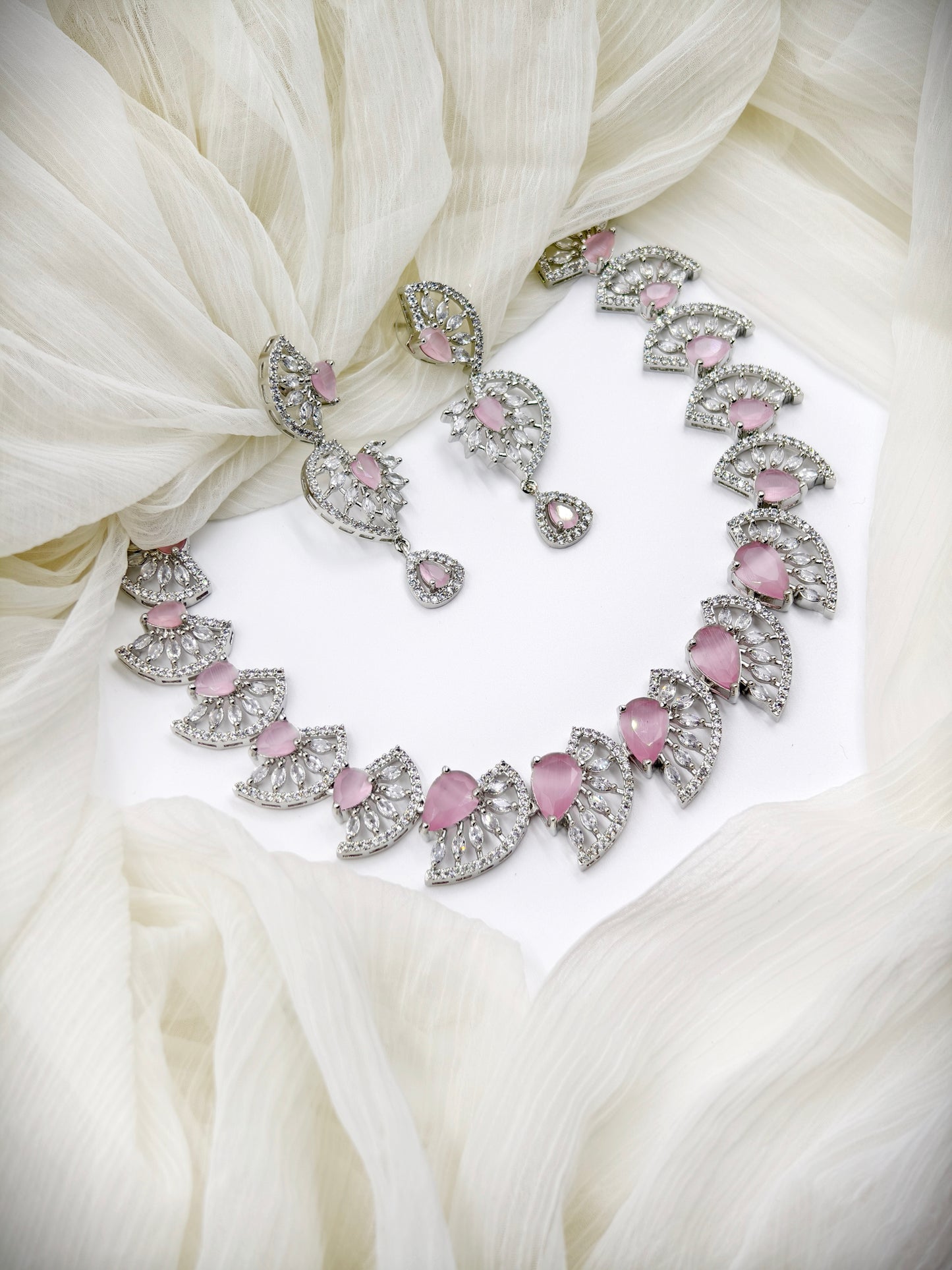 Pastel Pink and White Stone American Diamond Necklace