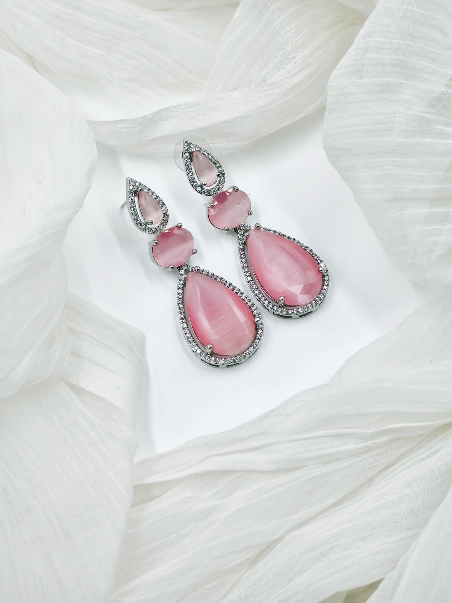 Pastel Pink and White Stone American Diamond Earrings