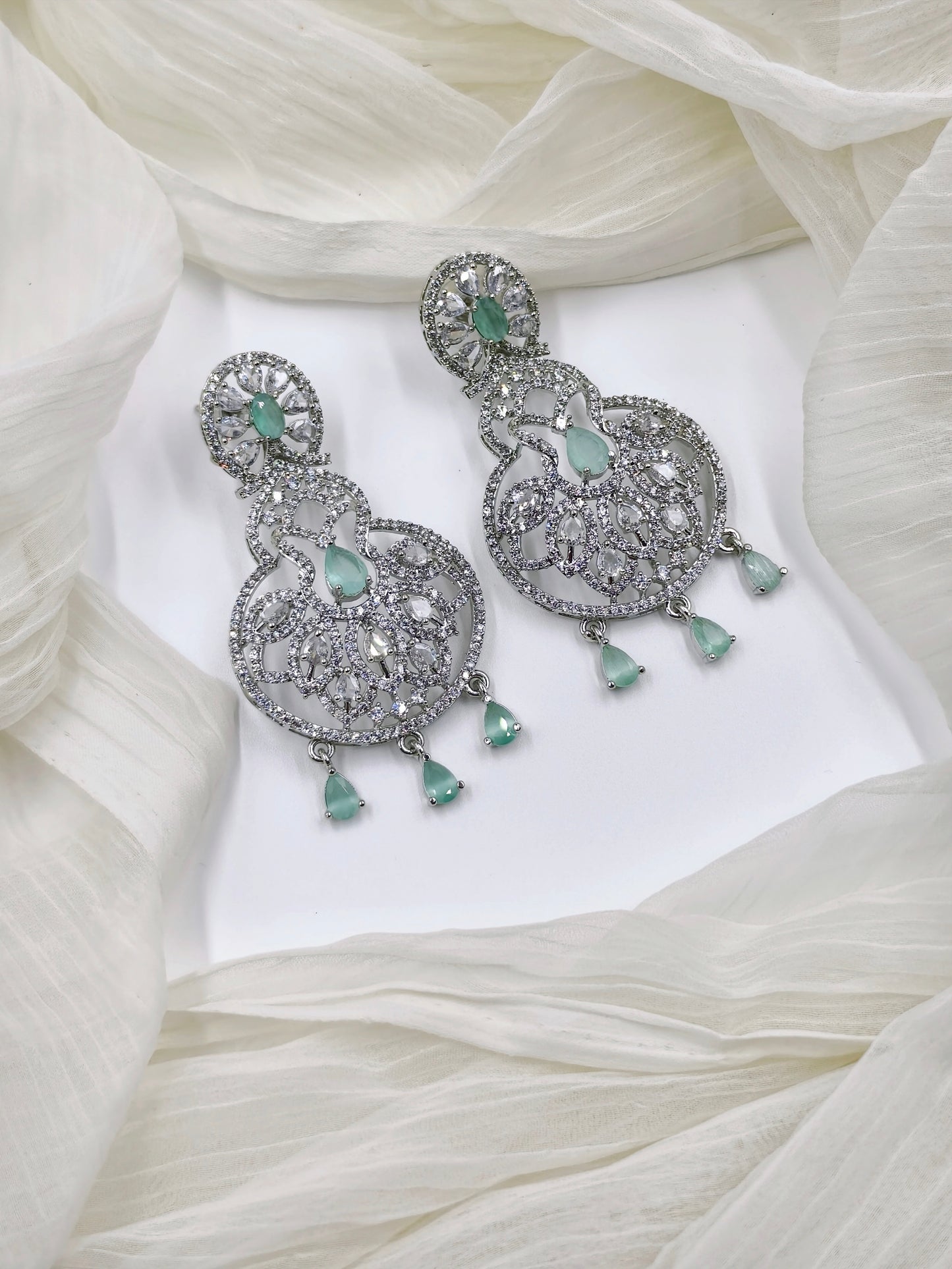 Pastel Green and White Stone American Diamond Earrings