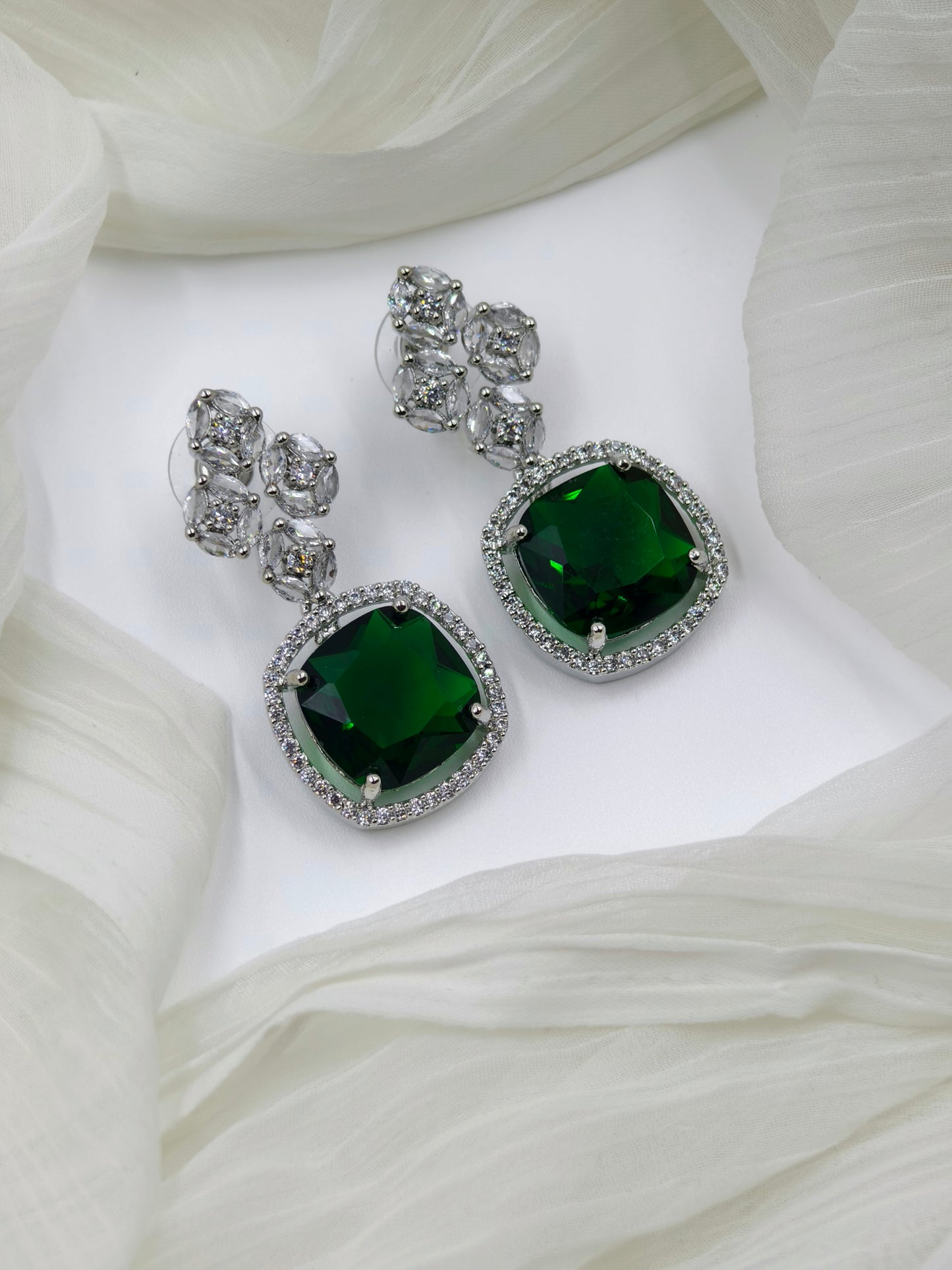 Green and White Stone American Diamond Earrings